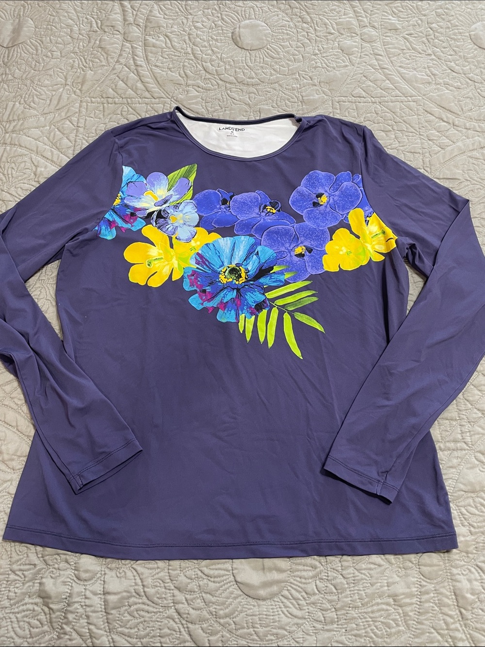 Lands' End Women's Purple Floral Long Sleeve Swim Top